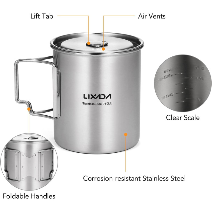 Кемпінговий горщик Lixada з нержавіючої сталі, чашка 750 мл зі складними ручками та кришкою, відкритий горщик для кемпінгу, походів, приготування їжі на пікніку, срібний - Кемпінговий горщик