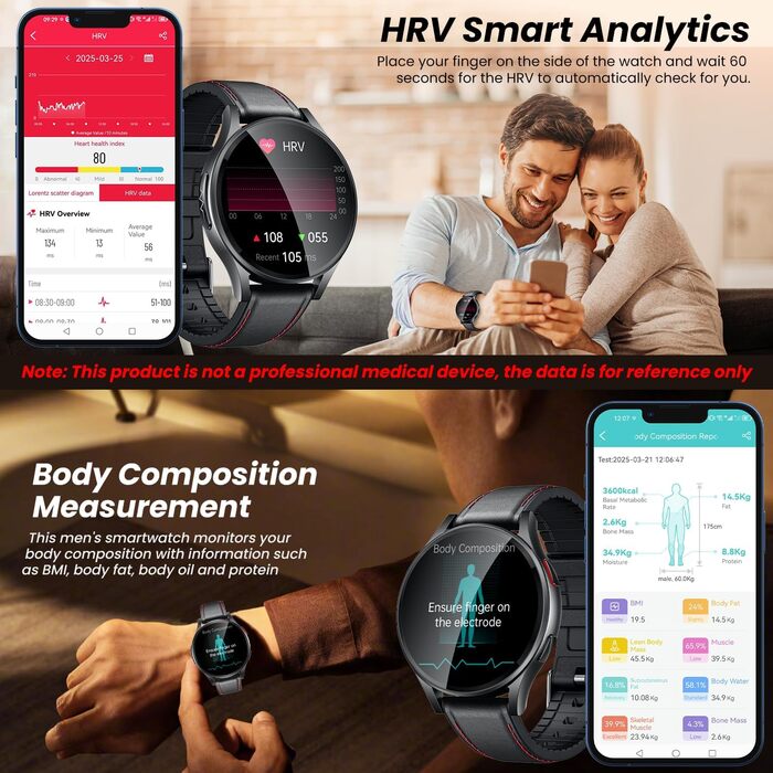 Чоловічий смарт-годинник з ЕКГ HDR-монітором артеріального тиску круглий AMOLED-смарт-годинник 1,43 дюйма зі шкіряним ремінцем, водонепроникний, пульсометр, крокомір, функція телефону, фітнес-годинник, сумісний з Android/iOS, чорний
