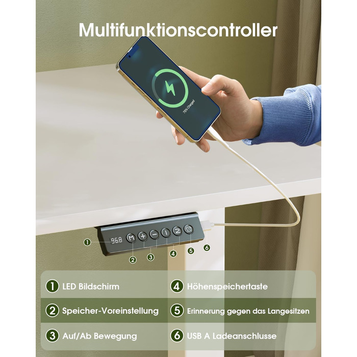 Стіл Flamaker з регульованою висотою, повна стільниця 160 x 60 см, стіл з електричним регулюванням висоти з пам&39яттю, ігровий стіл з нагадуванням про сидячий режим та зарядкою через USB (білий) Білий 160 x 60 см