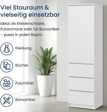 Гардеробна шафа Home Collective, вішалка для одягу, багатофункціональна шафа з 3 полицями та 3 шухлядами Функціональна шафа для спальні, коридору або кабінету 50x40x180 см (ШxГxВ) Білий