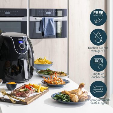 Фритюрниця Princess XXL 5.2 літра на 62.2 відсотка менше споживання енергії Цифровий дисплей і ручне керування 8 програм Aerofryer 182055, чорна фритюрниця 5.2 л
