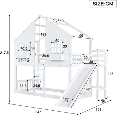 Дитяче двоярусне ліжко 90x200, ліжко-горище, ліжко-будиночок з гіркою, драбиною, вікнами, дахом та ящиком для зберігання, двоярусне ліжко, дерев&39яне ліжко, дитяче ліжко з рейковою основою та поручнями, сосна, без матраца, білий колір