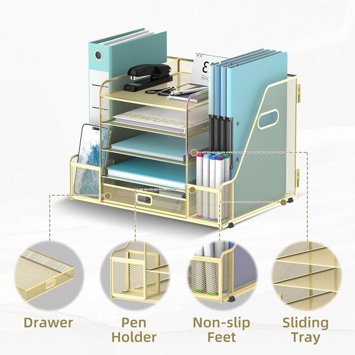 Настільний органайзер SUPEASY Grid з тримачем для файлів, 5-шаровий лоток для паперу та листів з тримачем для журналів, настільний органайзер та місце для зберігання з шухлядою, золотистий