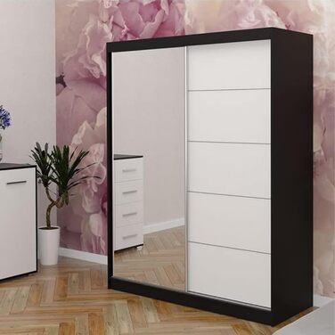 Шафа з дзеркалом, розсувні двері - Шафа з розсувними дверима, шафа для спальні - 61 x 150 x 200 см - Шафа для спальні, гардеробної, шафа - чорний, білий
