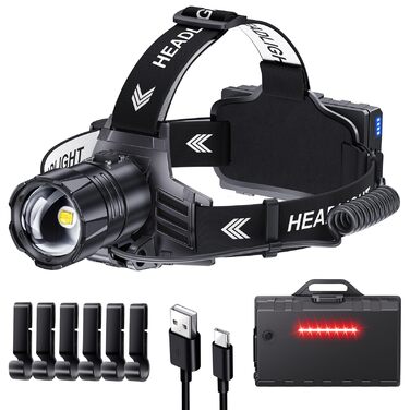 Акумуляторний світлодіодний налобний ліхтар, суперяскравий 120000 люмен, зручний налобний ліхтар з 5 режимами, водонепроникний IPX7, акумулятор 9000 мАг, масштабування, регульований налобний ліхтар на 120 для кемпінгу, риболовлі, активного відпочинку на с