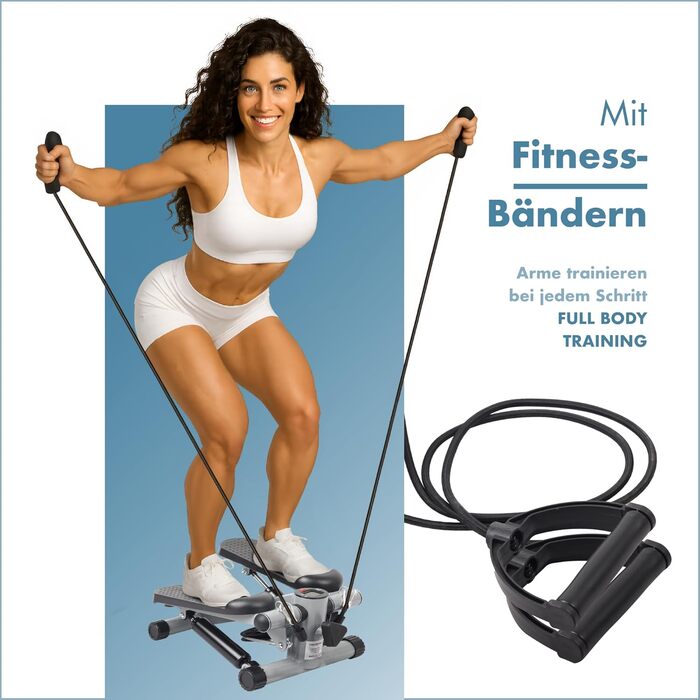 Міні-степер PORTENTUM для домашнього використання з еспандерами та РК-дисплеєм, 5 функцій Stairmaster 3-в-1 для ніг та рук Регульована інтенсивність Фітнес-пристрій для сходів, компактно зберігається