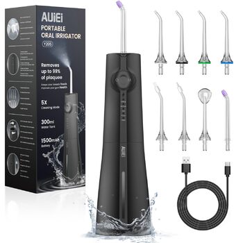 Бездротовий іригатор для зубів та брекетів, 300 мл, з 8 насадками-розпилювачами, 5 режимів роботи, водонепроникний IPX7, портативний для дому та подорожей, чорний