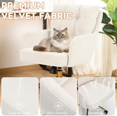 Офісне крісло з м&39якої оксамитової тканини, обертове на 360 крісло з колесами, крісло з регульованою висотою з металевими ніжками та подушкою, бежеве офісне крісло