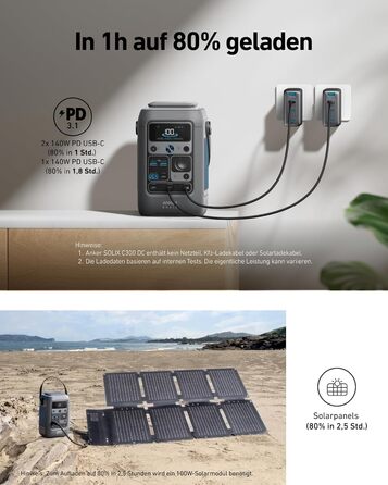 Зарядний пристрій постійного струму Anker SOLIX C300, акумулятор 288 Втгод для кількох пристроїв, акумулятор LiFePO4, сонячний генератор потужністю 300 Вт, для кемпінгу, активного відпочинку, подорожей, надзвичайних ситуацій (адаптер живлення не входить д