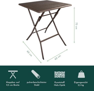Розкладний стіл Lemodo з коричневою стільницею під дерево, балконний стіл 62 x 62 см (Д x Ш) Журнальний столик, вантажопідйомність до 40 кг, садовий стіл, міцний пластиковий стіл