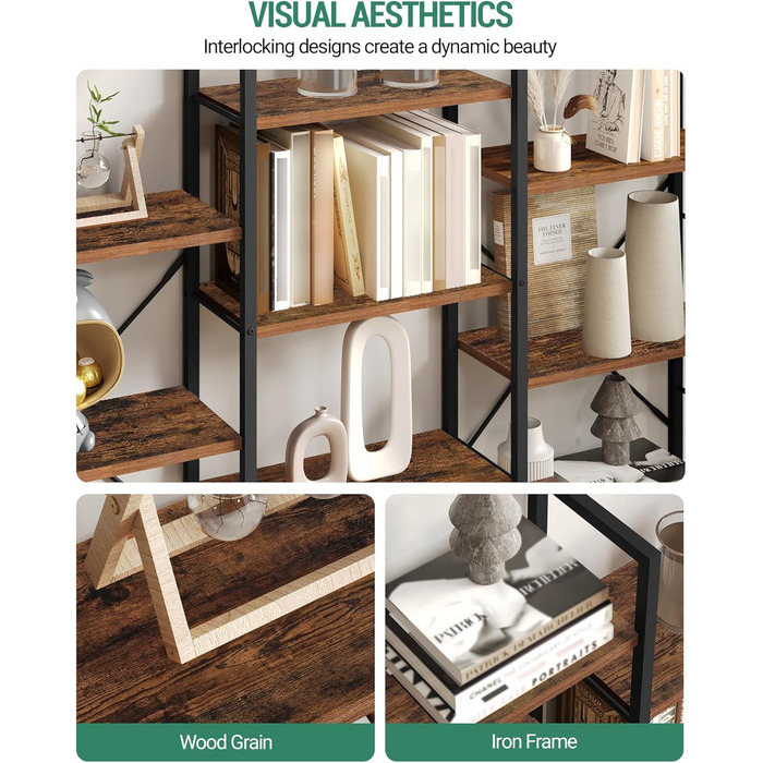 Книжкові полиці Hzuaneri, окремостоячий стелаж, полиця з 17 полицями, 6 ярусів, регульована відстань, 24 x 152 x 186 см, вантажопідйомність 340 кг, вітальня, офіс, вінтажний коричнево-чорний BC10101B