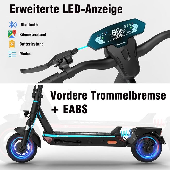 Електросамокат EVERCROSS з допуском до дорожнього руху (ABE), двигун 500 Вт, 10-дюймові позашляхові вакуумні шини, акумулятор 46,8 В 716,04 Втгод із запасом ходу до 70 км, складаний електросамокат для дорослих із застосунком та світлодіодним дисплеєм