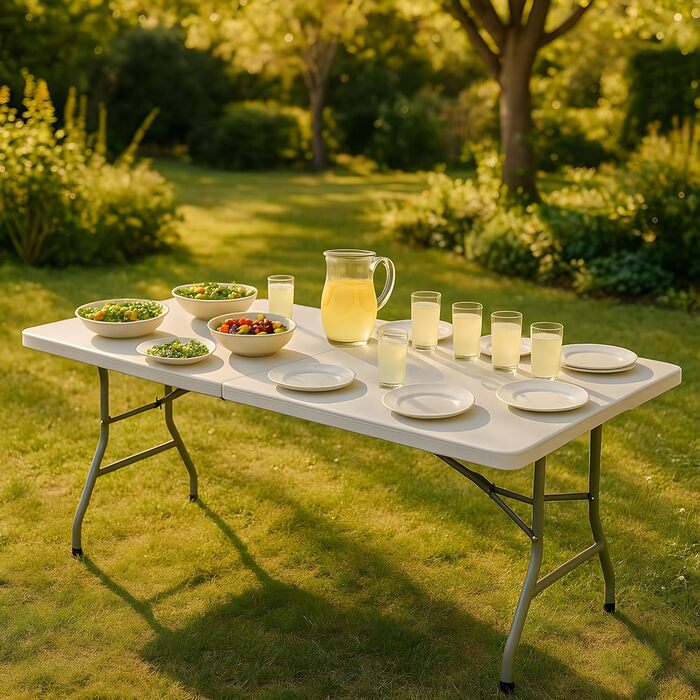 Складаний садовий стіл KADAX 180 x 74 x 73 см, водонепроникний складний стіл, стіл для вечірок у саду, на патіо та на балконі, міцний фуршетний стіл, кемпінговий стіл (білий)