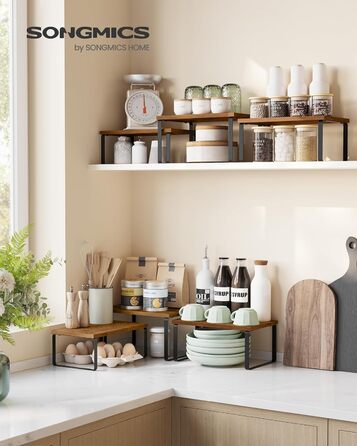 Стійка для спецій, набір із 3 кухонних органайзерів, штабелюється, розширюється, композитний метал та дерево, вінтажний коричнево-матово-чорний KCS220K02 19,5 Г x 29,7 Ш x 15,8 В см, білосніжно-білий матово-білий