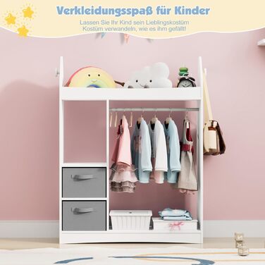 Дитяча шафа, дитяча вішалка для одягу з коробками, вішалка для одягу, дзеркало та полиці, дерев&39яна дитяча шафа, дитяча полиця 81 x 28 x 106,5 см (ракета з 2 шухлядами, біла) Біла ракета з 2 шухлядами