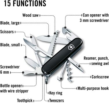 Швейцарський армійський ніж Victorinox Huntsman, мультитул, швейцарський армійський ніж з 15 функціями, лезо, штопор, консервний ніж, складана коробка, чорний