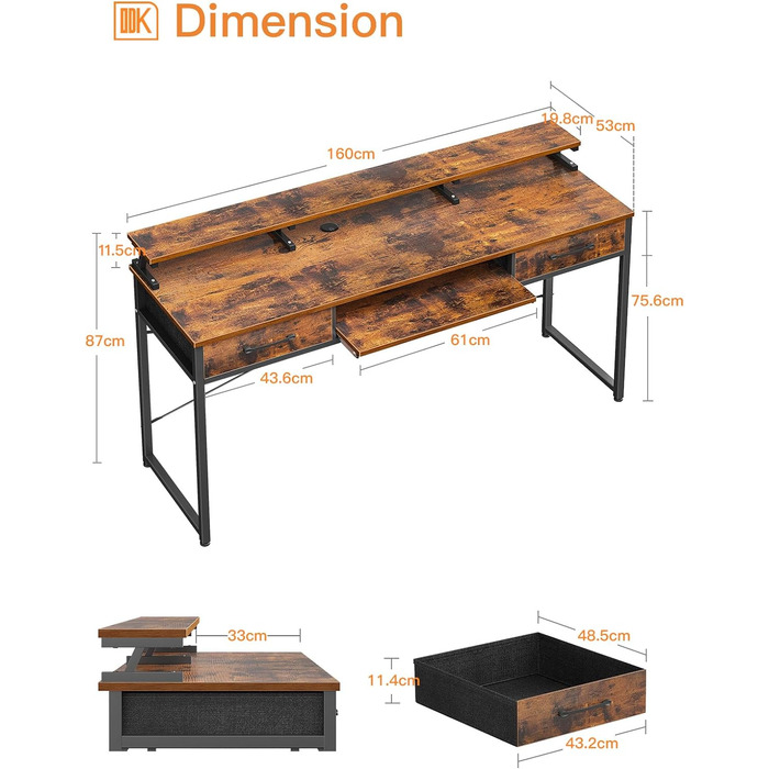 Стіл ODK з 2 шухлядами, комп'ютерний стіл з лотком для клавіатури, офісний стіл для ПК з регульованою по висоті полицею для моніто