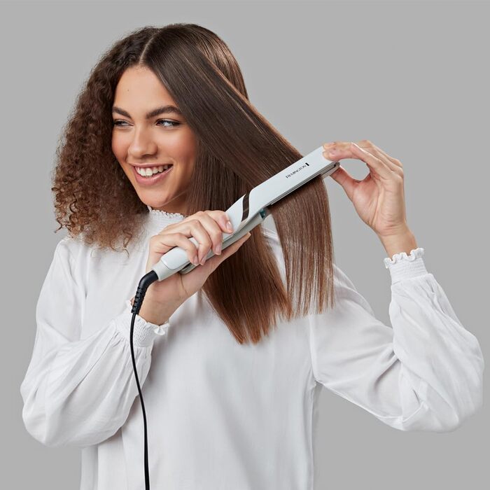 Випрямляч для волосся Remington Hydraluxe Pro S9001 (технологія зволоження Hydracare для захисту від перегріву, керамічне покриття, що утримує вологу), білий