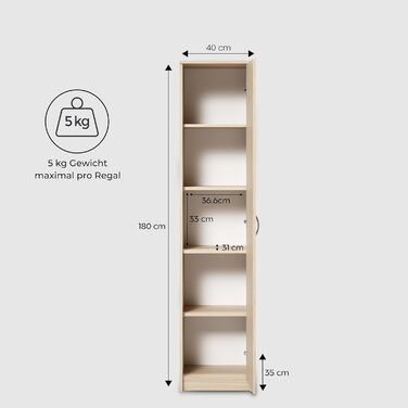 Домашня колекційна книжкова полиця, шафа-органайзер, Sonoma, ширина 40 см, висота 180 см, багатофункціональна шафа з 4 регульованими полицями, картотечна шафа, настінна полиця, вузька, дерев&39яна, спальня, передпокій, натуральний колір