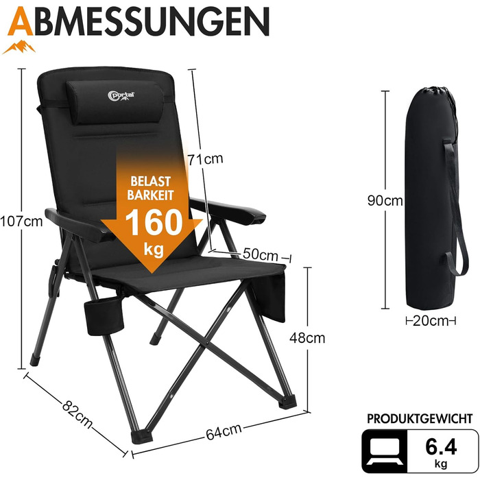 Крісло для кемпінгу Portal, складне, спинка регулюється в 3 положеннях, розкладне крісло, вантажопідйомність 160 кг, висока спинка, крісло для кемпінгу/рибальства, садове крісло, крісло для відпочинку, алюмінієве, для саду, балкону, пікніка, чорне