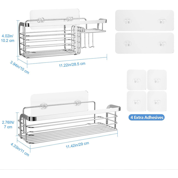 Самоклеюча полиця для душу з мильницею та гачком, органайзер для ванної кімнати, полиця для душу, зберігання для ванної, кухні, туалету, нержавіюча сталь SUS304, стійка до іржі, тримач для душу (2 упаковки)