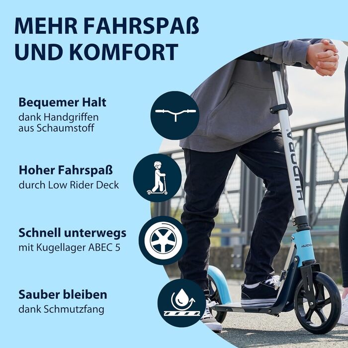 Самокат HUDORA BigWheel Pure стабільний алюмінієвий міський самокат із підніжкою, складаний, з регулюванням висоти, до 100 кг, для підлітків та дорослих, синій