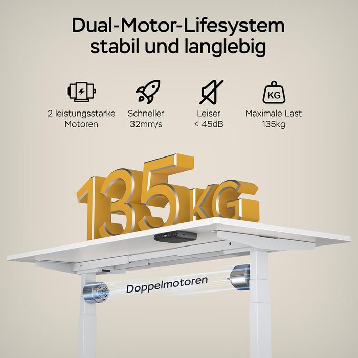 Стіл з регулюванням висоти 140x70 см, цільна стільниця 25 мм, подвійний двигун, 3-рівнева конструкція, інтелектуальне керування з 4 пресетами пам&39яті та 2 USB-портами (білий білий), білий білий 140 см x 70 см