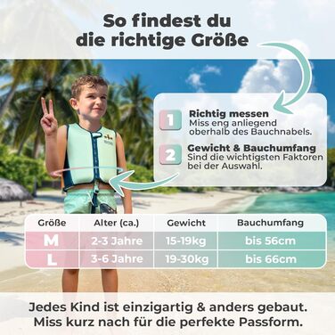 Дитячий рятувальний жилет KIDVERSE - переможець випробувань та сертифікований TV засіб для плавання для дітей від 2 років з регульованою плавучістю - сертифікований CE з надзвичайно м&39якого преміального неопрену, бірюзового кольору, розмір M