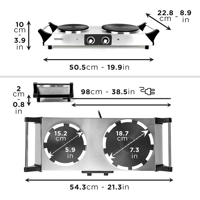 Варильна поверхня Duronic HP2 SS, Кемпінгова плита з 2 варильними поверхнями, Електрична варильна поверхня для кемпінгу, офісу або кухні, Подвійна варильна поверхня з плавним регулюванням температури, Подвійна варильна поверхня 2400 Вт Срібло