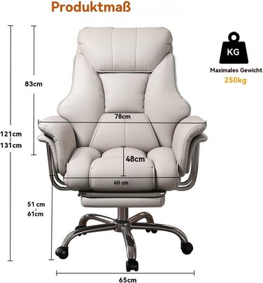 Велике та високе офісне крісло, вантажопідйомність 250 кг, надзвичайно широке шкіряне крісло керівника з висувною підставкою для ніг, міцне ергономічне крісло, комп&39ютерне крісло з регульованою висотою, біле, 59*49*120