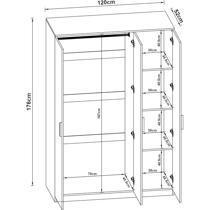 Шафа Eiselfing, 3-дверна шафа, 176 x 120 x 52 см, Шафа для спальні, 1 вішалка для одягу, 4 відділення, білий
