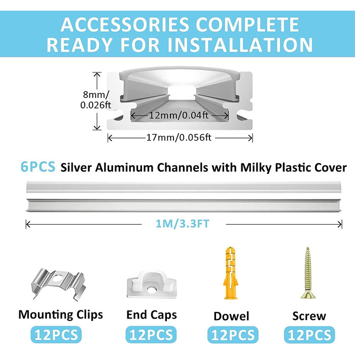 Алюмінієвий профіль Pasun LED, U-подібний світлодіодний алюмінієвий канал, 1 м, світлодіодний кабельний канал з молочно-білою кришкою, торцева кришка та фіксуючий затискач для світлодіодної стрічки, розсіювач, 6 шт. 32