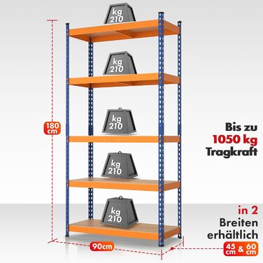 Надміцний стелаж KARAT, підвальний стелаж, стелаж для зберігання зі сталевою рамою, вантажопідйомність 1050 кг (синьо-помаранчевий, 180 x 90 x 60 см) Rhino 180 x 90 x 60 см синьо-помаранчевий