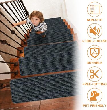 Килимки для сходів, 15 шт. , протиковзкі килимки для сходів, самоклеючі, прямокутний килимок для сходів, нековзний килимок для дітей та домашніх тварин (темно-сірий, 55 см x 22 см)