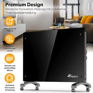 Електричний скляний конвекторний обігрівач TRESKO 2000 Вт Електричний скляний обігрівач Конвекторний обігрівач-радіатор Електричний радіатор, окремостоячий або настінний обігрівач, чорний / 2000 Вт