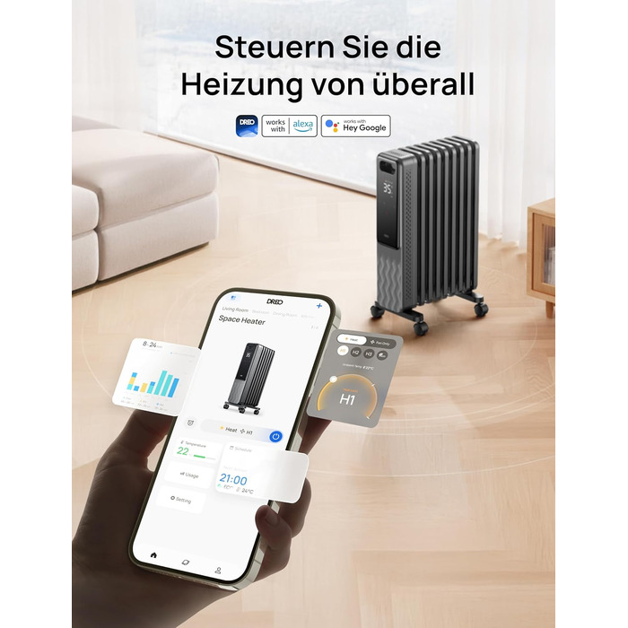 Енергозберігаючий масляний радіатор Dreo 2000 Вт, портативний електричний обігрівач з 9 ребрами, пульт дистанційного керування, 3 налаштування нагріву, 4 режими, 24-годинний таймер, захист від перегріву та перекидання, електричний радіатор з термостатом, 