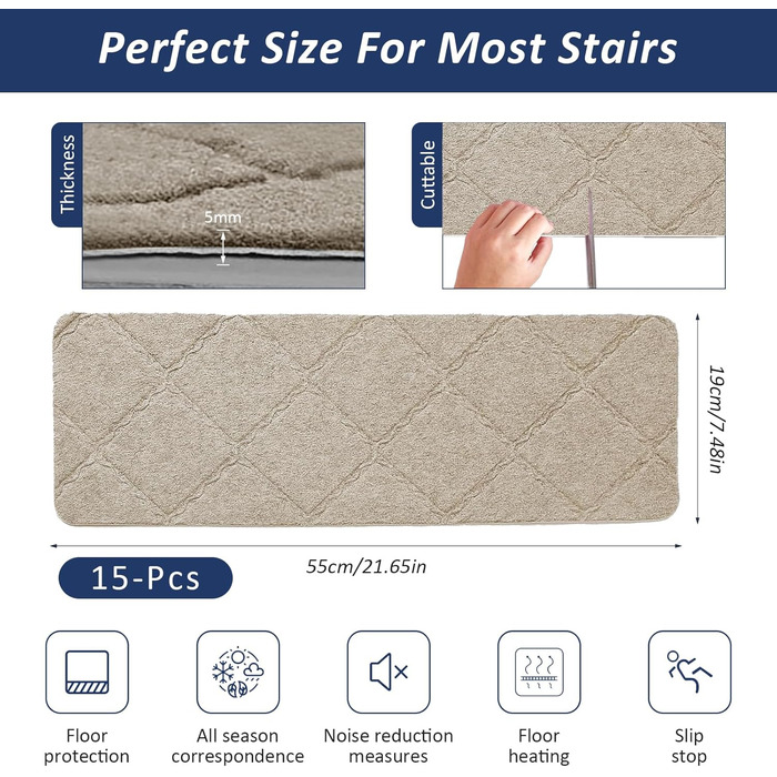 Набір килимків для сходів Bocguy, 15 предметів, 55x19 см, для приміщень, нековзні, самоклеючі, ріжучі, багаторазові, для захисту сходів (бежевий) Бежевий 55x19 см, 15 шт.