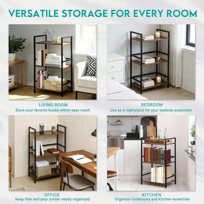 Полиця, Мала книжкова полиця, 3-рівнева стійка для зберігання, Книжкова полиця, Стелаж для вітальні, спальні, офісу, ванної кімнати, кухні, 42 x 28 x 70 см, Рустикальний коричневий 3 полиці