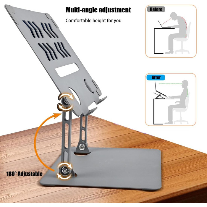 Підставка для планшета та ноутбука, регульована по висоті, з алюмінієвим тримачем, ергономічна з охолодженням, портативна настільна підставка з подвійною опорою для планшетів та ноутбуків до 17,3 дюймів