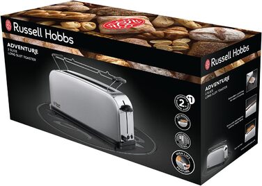 Тостер Russell Hobbs довгий слот для 2 скибочок / 1 широкий шматок хліба Adventure з нержавіючої сталі (дуже широкий слот для тостів, включаючи насадку для булочки, 6 рівнів підрум'янювання функція розморожування, 1000 Вт) 21396-56