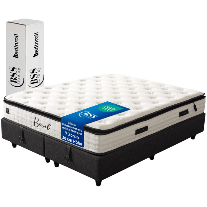 ПОСТІЛЬНА БІЛИЗНА BSS Матрац Basel 160x200 см з топпером Преміальний пружинний матрац Pocket Spring, висота 30 см, рівень жорсткості H3 7-зонний ортопедичний, дихаючий та гіпоалергенний (1 матрац з топпером) 160 x 200 см