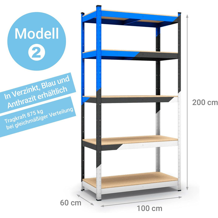 Стелаж для зберігання Panorama24, антрацит, вантажопідйомність до 875 кг - Розміри 200 x 100 x 60 см, полиця, полиця для підвалу, полиця без болтів, полиця для майстерні, полиця для міцних матеріалів