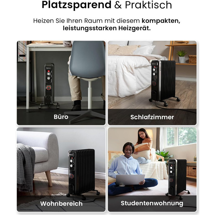 Міні-масляний радіатор Pro Breeze 2500W з 11 ребрами, електричний радіатор, 24-годинний таймер, енергозберігаючий масляний радіато