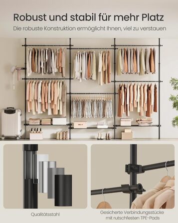 Телескопічна вішалка для одягу SONGMICS, 3-рівнева шафа, регульована по висоті та ширині, відкрита шафа з 6 шт. ангами для одягу та 3 знімними полицями, поручень, матово-чорний HSR155B01 3 ряди (240 Вт-353 Вт) см матово-чорний