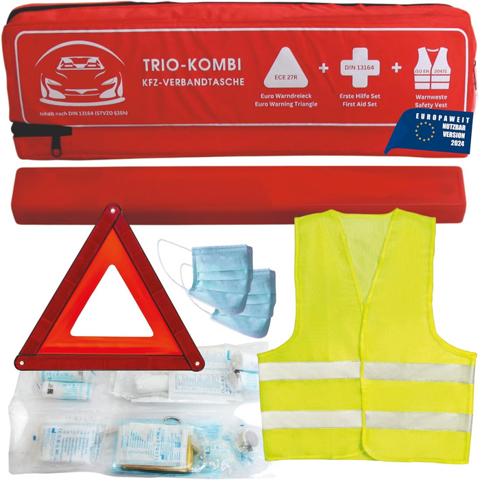 Автомобільна аптечка, включаючи аптечку автомобільну 2024 (червоний), 2024 tv geprft, inklusive Warndreieck und Warnwesten Auto -