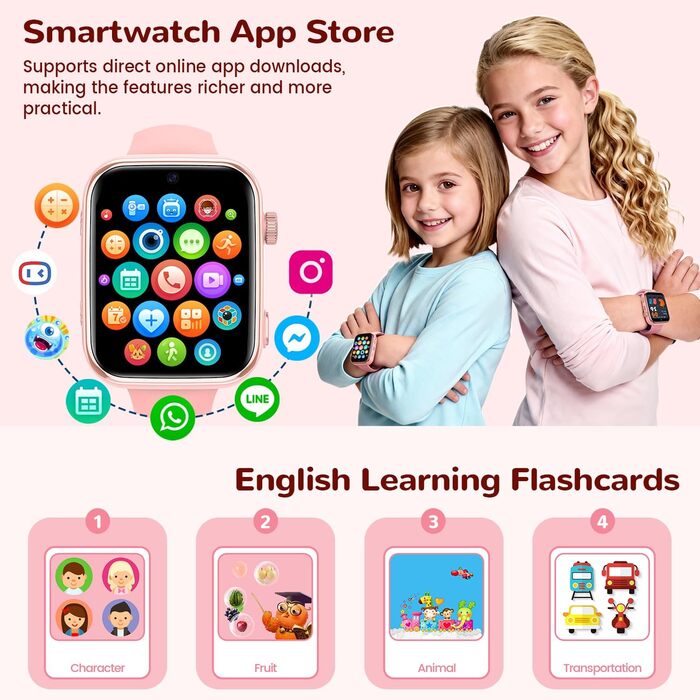Дитячий смарт-годинник з функцією відеодзвінків та телефону, дитячий годинник з GPS, голосовим чатом, WhatsApp, WiFi, SOS, SMS, шкільним режимом, крокоміром, водонепроникний IP68, будильник, дитячий смарт-годинник для дівчаток/хлопчиків, рожевий