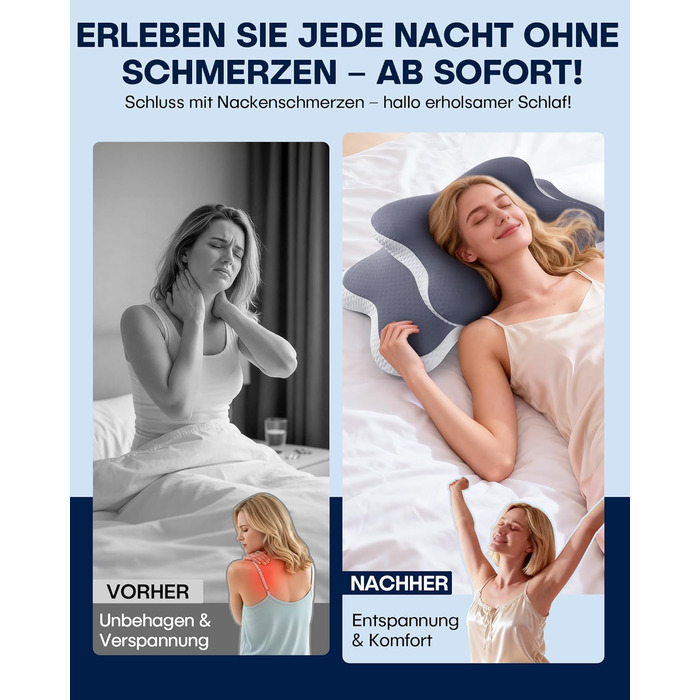 Ортопедична подушка для шиї - ергономічна подушка з піни з ефектом пам&39яті з охолоджувальним ефектом, подушка для підтримки шиї для знеболення, подушка проти хропіння для сну на боці, спині та животі, сіра