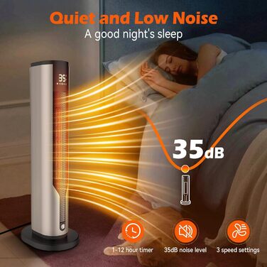 Енергозберігаючий вентилятор-обігрівач, низьке енергоспоживання 2000 Вт, тихий керамічний нагрівальний елемент 60 см, захист від перегріву та перекидання, коливання 70, 3 режими, 12-годинний таймер