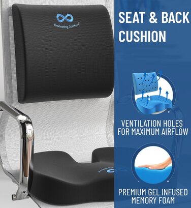 Комплект подушок для сидіння та спинки Everlasting Comfort Піна з ефектом пам&39яті з гелевим напиленням Ергономічна опорна подушка для офісного крісла, автомобіля та ігор Нековзка, дихаюча та мийна чорна гелева подушка з поперековою підтримкою