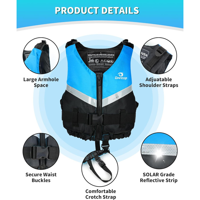 Плавальний жилет Owntop для підлітків та дітей, легкий унісекс-плавець, регульований плавучий жилет зі зручним ремінцем у промежині для каякінгу, риболовлі, тренувань з плавання та всіх водних видів спорту. Синій, дитячий, розмір XXS (30-40 кг, 70-80 см)